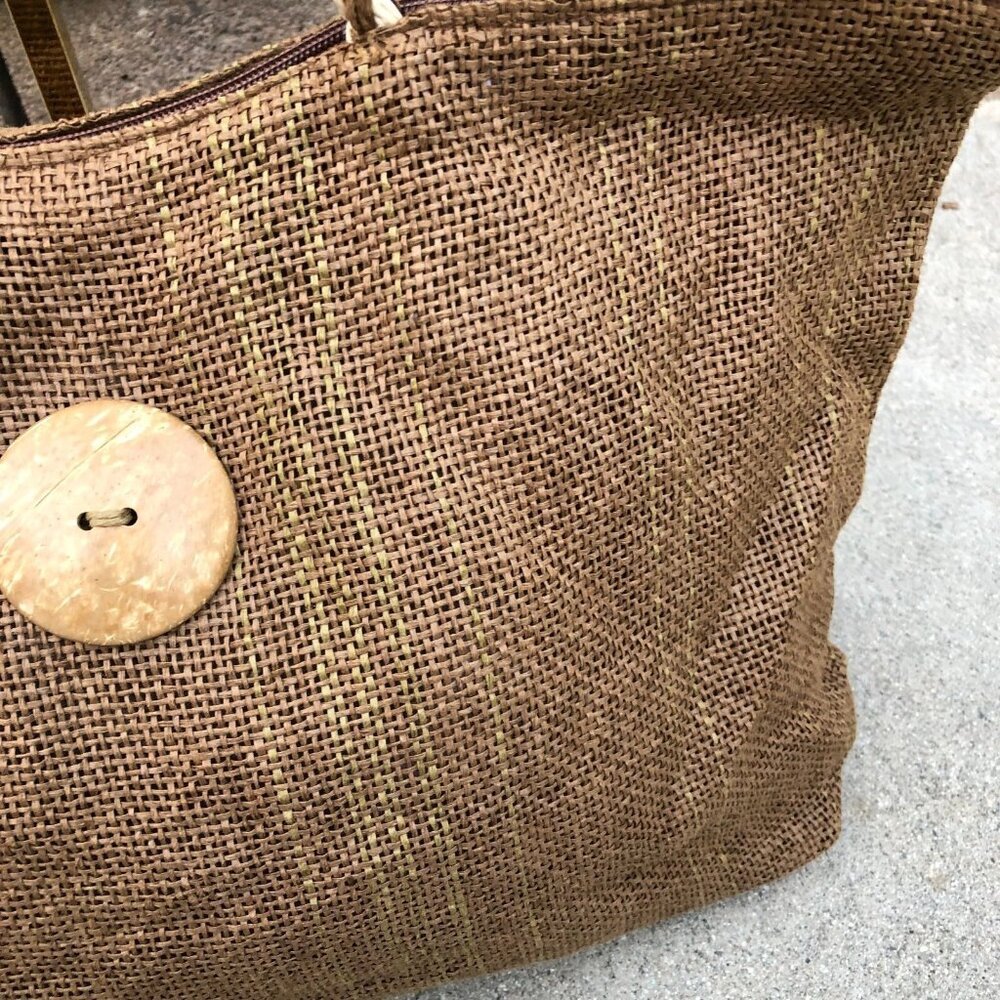 Oversized Raffia Burlap Purse Shoulder Hand Bag Women's Brown Zipper Jute - Picture 6 of 13